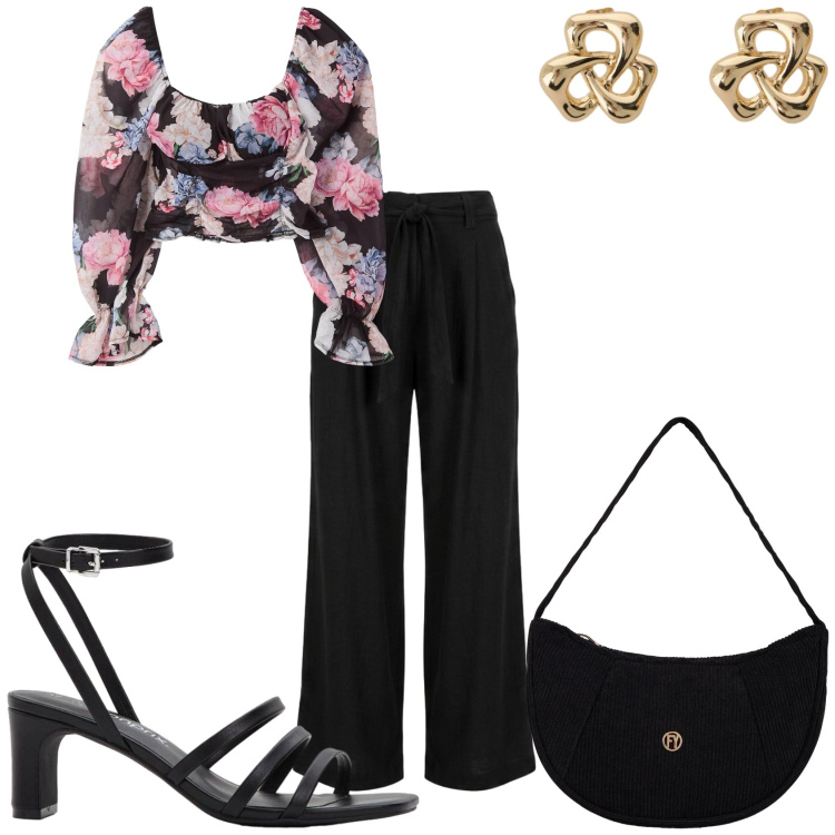 Outfit donna - Festa di sera. Stile Glamour per Serata fuori. Abbinamento con sandali col tacco, bluse, borse a mano, orecchini, pantaloni a palazzo.