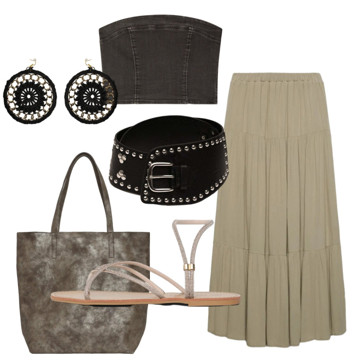Outfit donna - Total look #2421287. Stile Etnico per Tutti i giorni. Abbinamento con shopping bag, gonne lunghe, sandali, top, orecchini, cinture.
