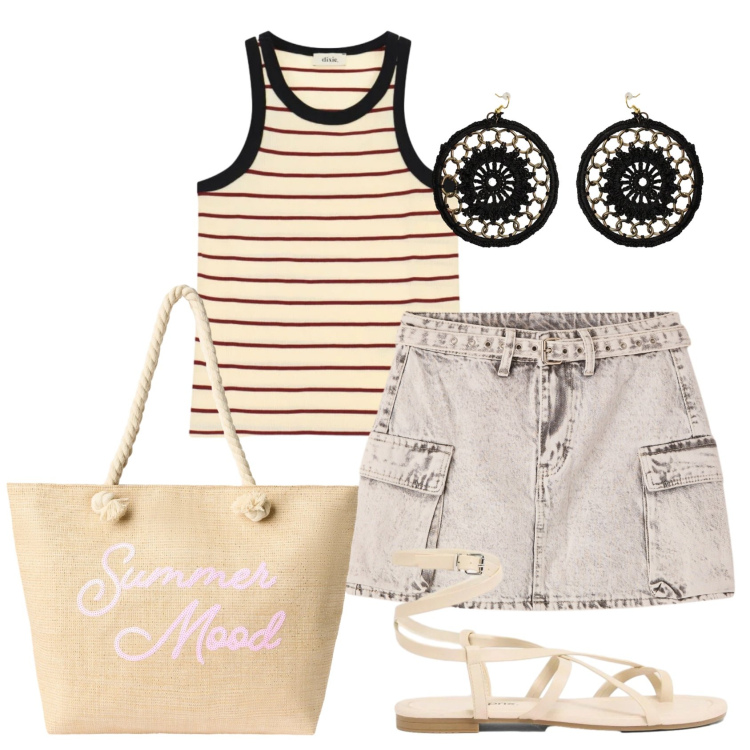 Outfit donna - Total look #2421288. Stile Casual per Tutti i giorni. Abbinamento con sandali, minigonne, borse tote, orecchini, top.
