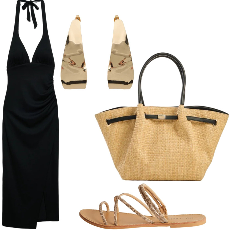 Outfit donna - Aperitivo in spiaggia. Stile Chic per Mare. Abbinamento con shopping bag, vestiti midi/longuette, sandali, orecchini.