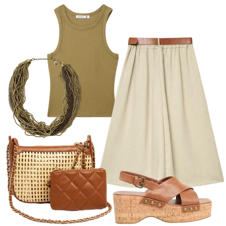Outfit donna - Total look #2421290. Stile 70s per Tutti i giorni. Abbinamento con zeppe, gonne lunghe, top, collane, borse a spalla.