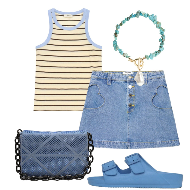 Outfit donna - Total look #2421291. Stile Casual per Tutti i giorni. Abbinamento con ciabatte, minigonne, braccialetti, top, borse a tracolla.