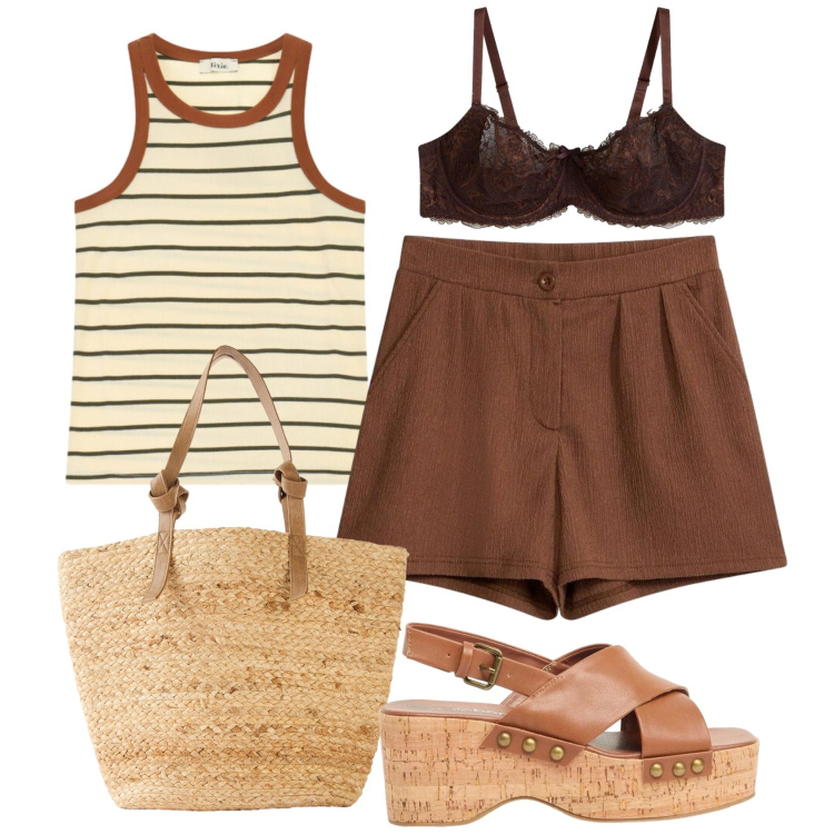 Outfit donna - Total look #2421293. Stile 70s per Tutti i giorni. Abbinamento con shopping bag, reggiseni, zeppe, pantaloni corti, top.
