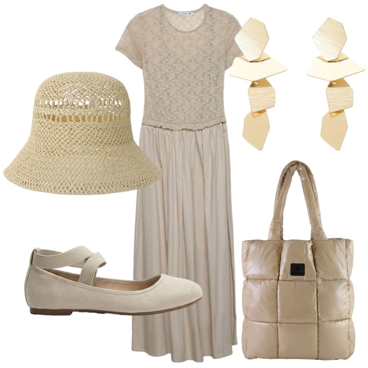Outfit donna - Total look #2421298. Stile Minimal per Tutti i giorni. Abbinamento con ballerine, vestiti lunghi, cappelli, shopping bag, orecchini.