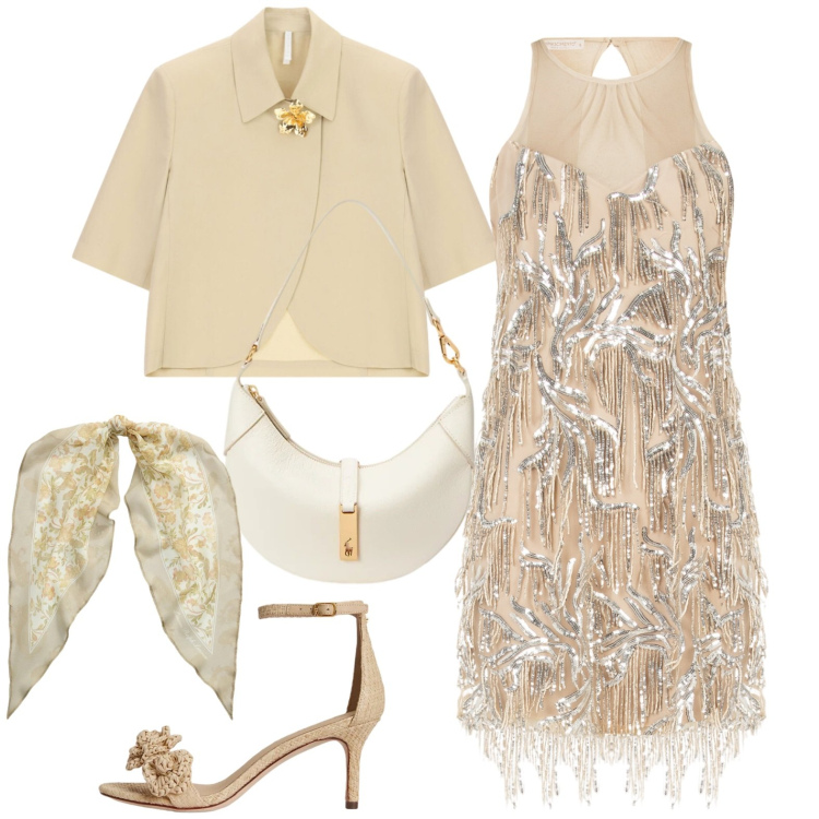 Outfit donna - Serata. Stile Chic per Serata fuori. Abbinamento con blazer, vestiti corti, borse a spalla, foulard, sandali in pelle.