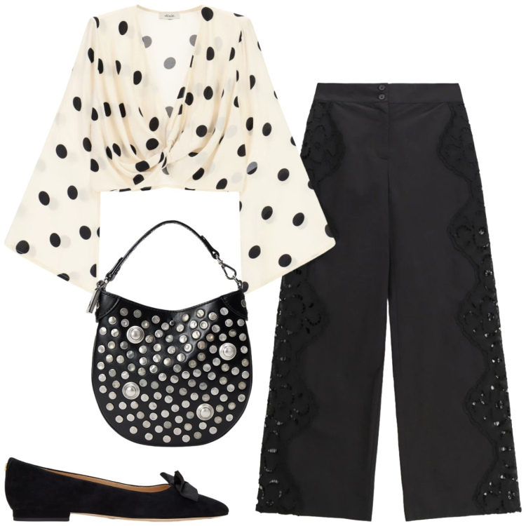 Outfit donna - Chic. Stile Chic per Serata fuori. Abbinamento con ballerine, borse a mano, top, pantaloni a palazzo.