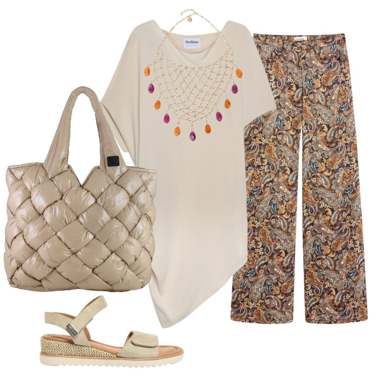 Outfit donna - In città. Stile Glamour per Tutti i giorni. Abbinamento con pantaloni, sandali, maglieria, borse tote, collane.