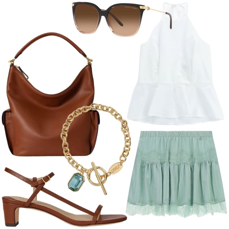 Outfit donna - Gonna boho tonalità mare. Stile Boho per Mare. Abbinamento con occhiali da sole, sandali in pelle, borse a spalla, braccialetti, minigonne, top.
