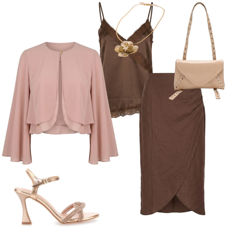 Outfit donna - Nuna Lie. Stile Chic per Cerimonia. Abbinamento con bolero, gonne longuette, canottiere, borse a tracolla, ciondoli, sandali col tacco.