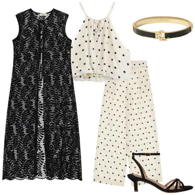 Outfit donna - Una pioggia di pois. Stile Chic per Serata fuori. Abbinamento con braccialetti, sandali col tacco, pantaloni a palazzo, top, gilet.