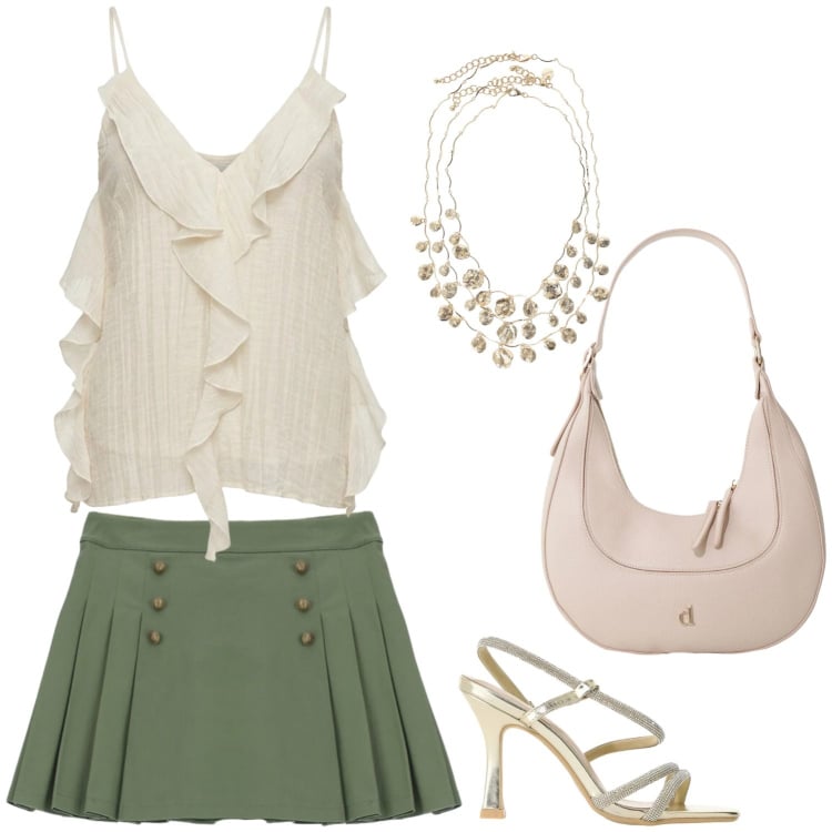 Outfit donna - La mini verde. Stile Glamour per Serata fuori. Abbinamento con sandali col tacco, minigonne, canottiere, borse a tracolla, collane.