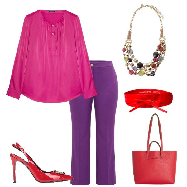 Outfit donna - violet. Stile Urban Abbinamento con décolleté, shopping bag, cinture, bluse, pantaloni, collane.