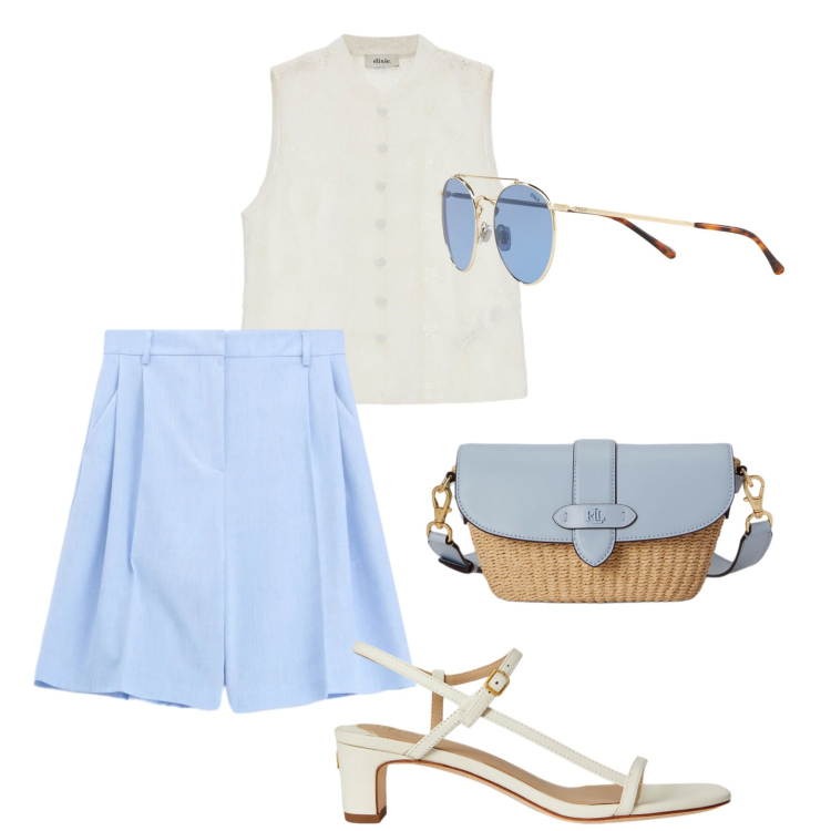 Outfit donna - Glam in bermuda - @tiffany22. Stile Glamour per Tutti i giorni. Abbinamento con bermuda, borse a spalla, sandali in pelle, occhiali da sole, top.