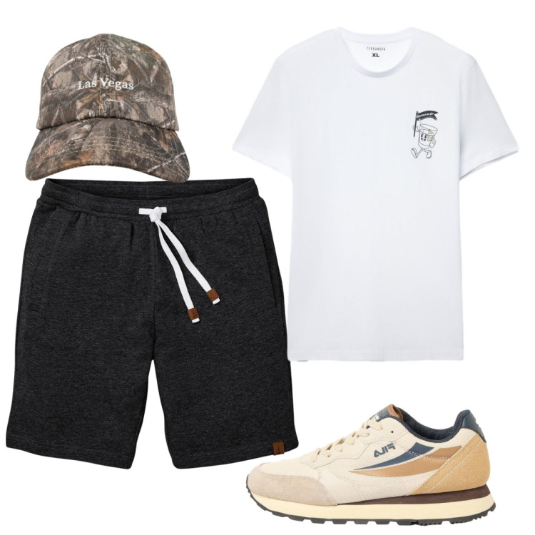 Outfit uomo - Total look #2421341. Stile Casual per Tutti i giorni. Abbinamento con bermuda, sneakers, t-shirt, cappelli con visiera.
