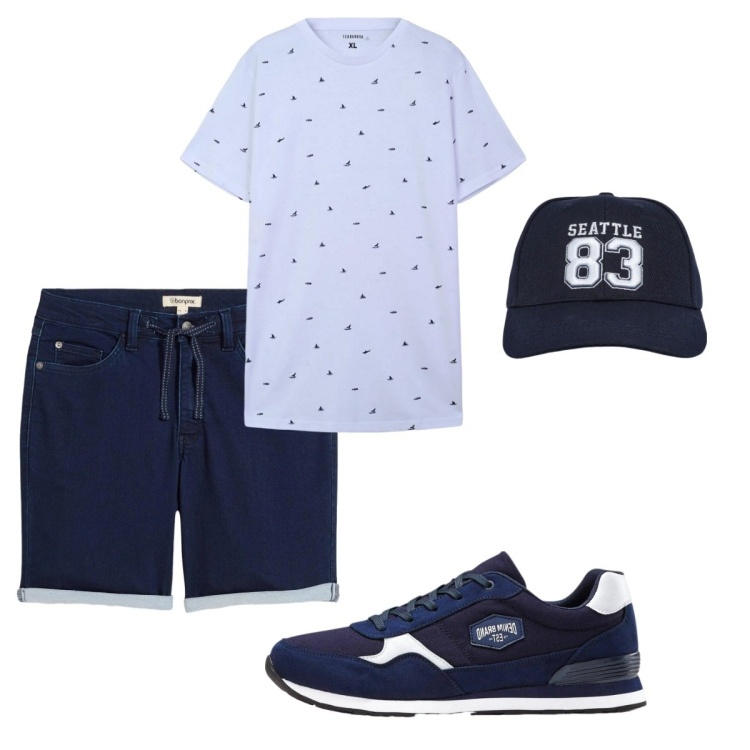 Outfit uomo - Total look #2421345. Stile Casual per Tutti i giorni. Abbinamento con sneakers, bermuda, cappelli, t-shirt.