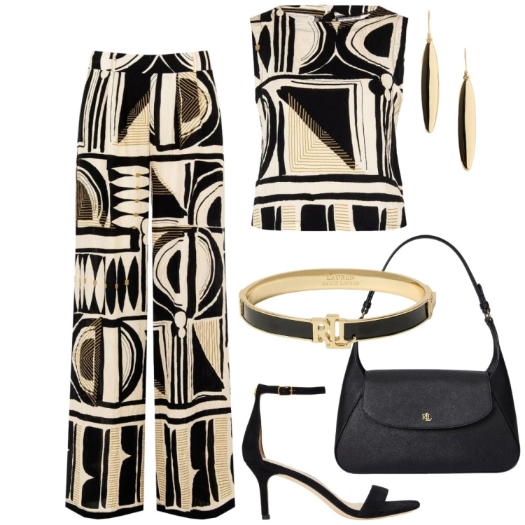 Outfit donna - Eleganza da protagonista. Stile Chic per Cerimonia. Abbinamento con pantaloni a palazzo, top, sandali in pelle, braccialetti, borse a spalla, orecchini.