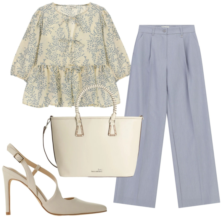 Outfit donna - Total look #2421355. Stile Trendy per Ufficio. Abbinamento con décolleté, shopping bag, bluse, pantaloni a palazzo.