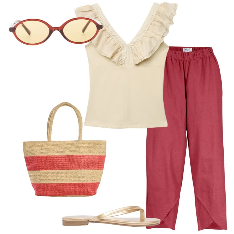 Outfit donna - Mercato sul lungomare. Stile Casual per Mare. Abbinamento con pantaloni, sandali, shopping bag, canottiere, occhiali da sole.