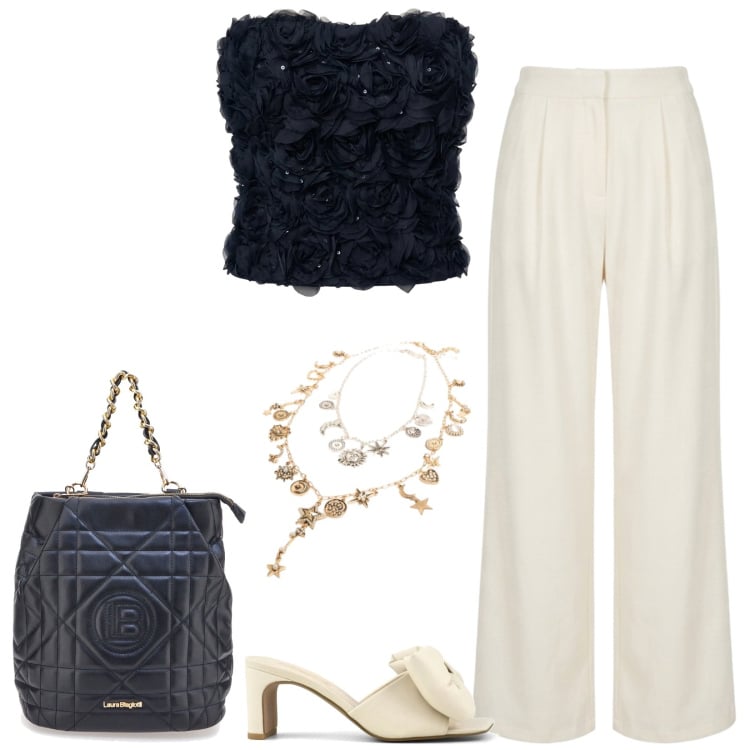 Outfit donna - Beautiful. Stile Glamour per Serata fuori. Abbinamento con top, pantaloni a palazzo, ciondoli, sandali col tacco, zaini.