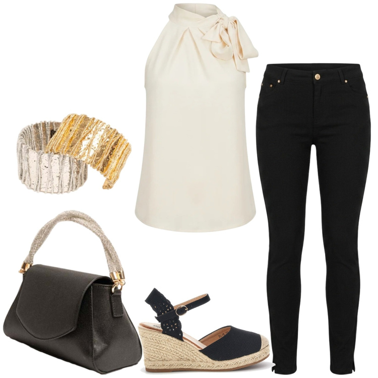 Outfit donna - It\'s me. Stile Casual chic per Serata fuori. Abbinamento con pantaloni, borse a mano, top, braccialetti, zeppe.