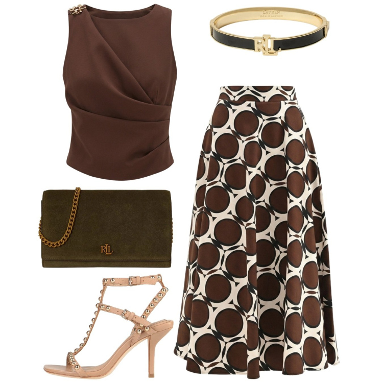 Outfit donna - Eleganza da protagonista. Stile Chic per Cerimonia. Abbinamento con sandali in pelle, gonne lunghe, top, braccialetti, borse a tracolla.