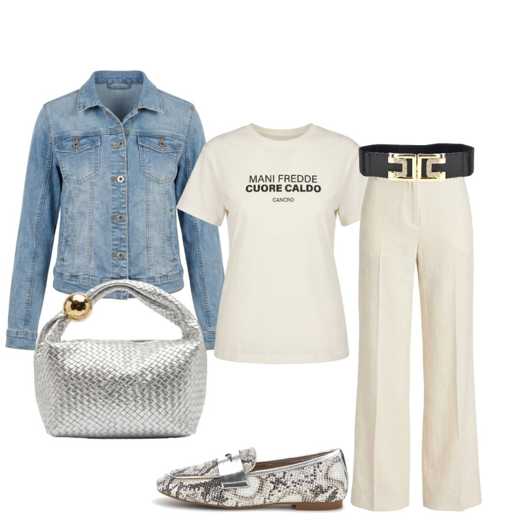 Outfit donna - Contrasti in casual chic. Stile Casual chic per Serata fuori. Abbinamento con borse a mano, t-shirt, pantaloni, cappotti, mocassini, cinture.