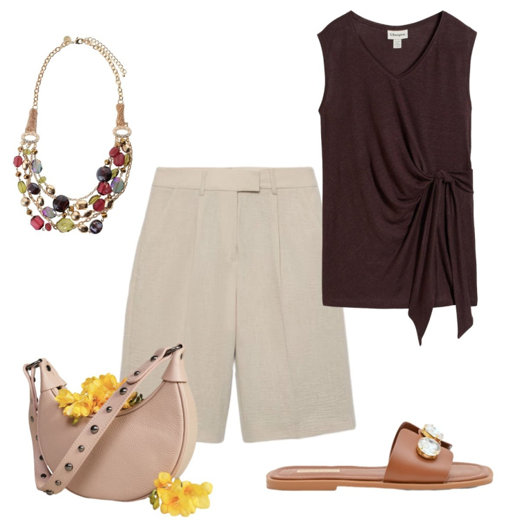 Outfit donna - Praticità in estate. Stile Chic per Tutti i giorni. Abbinamento con canottiere, bermuda, sandali gioiello, collane, borse a spalla.