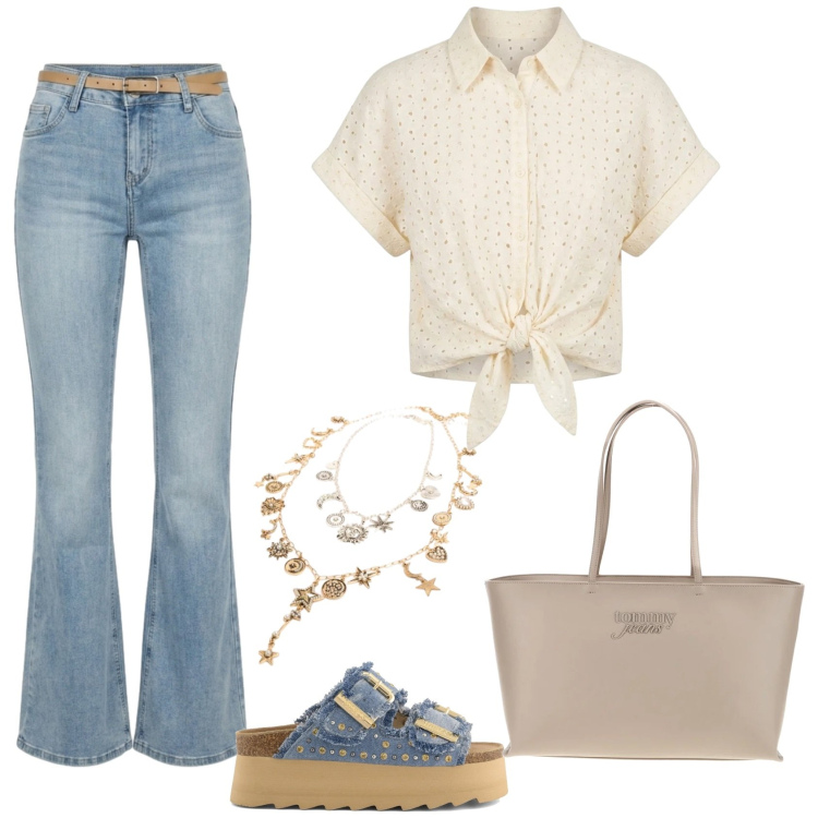 Outfit donna - Total look #2421415. Stile Casual per Tutti i giorni. Abbinamento con jeans, camicie a manica corta, ciondoli, zeppe, borse a spalla.