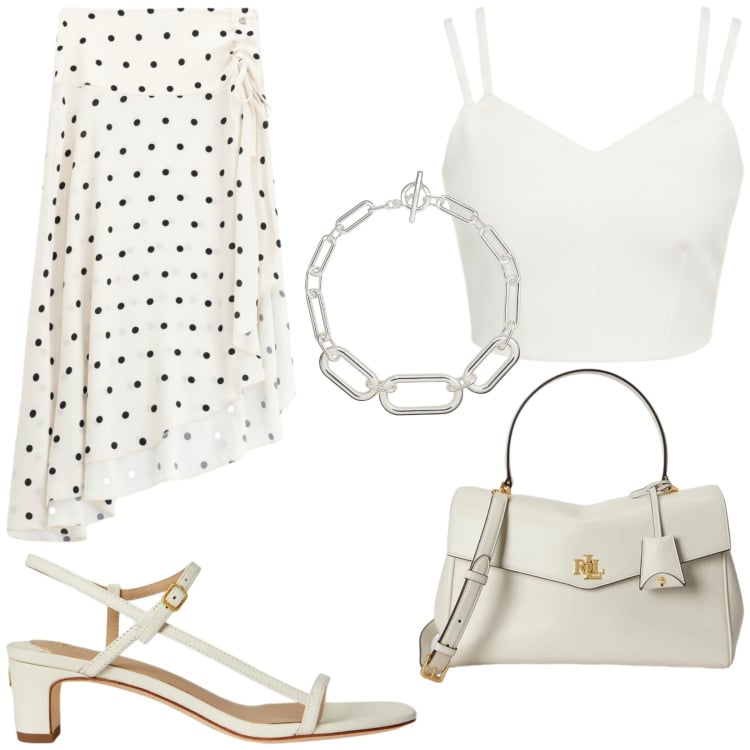 Outfit donna - Una gonna a pois. Stile Glamour per Tutti i giorni. Abbinamento con top, sandali in pelle, borse a mano, collane, gonne lunghe.