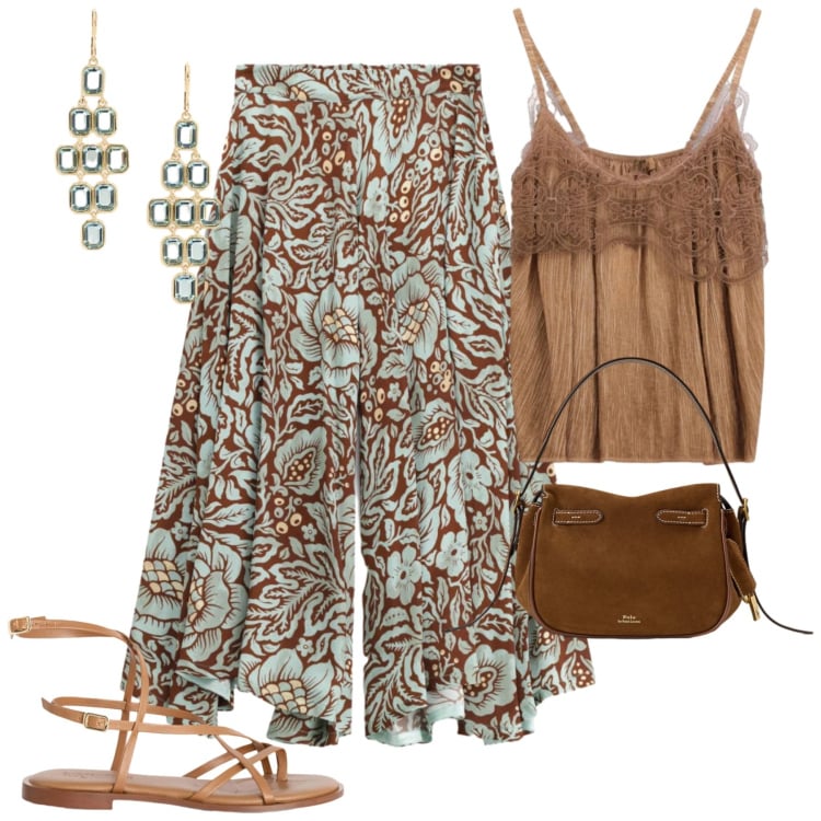 Outfit donna - Dixie. Stile Boho per Mare. Abbinamento con sandali in pelle, borse a mano, orecchini, top, pantaloni a palazzo.