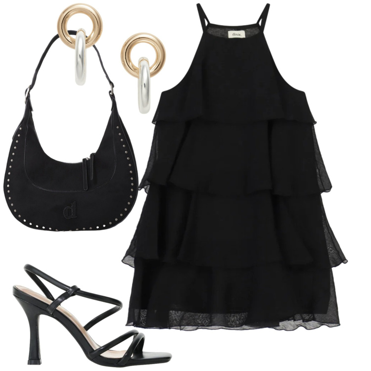 Outfit donna - Black. Stile Minimal per Tutti i giorni. Abbinamento con sandali col tacco, orecchini, vestiti corti, cappotti.