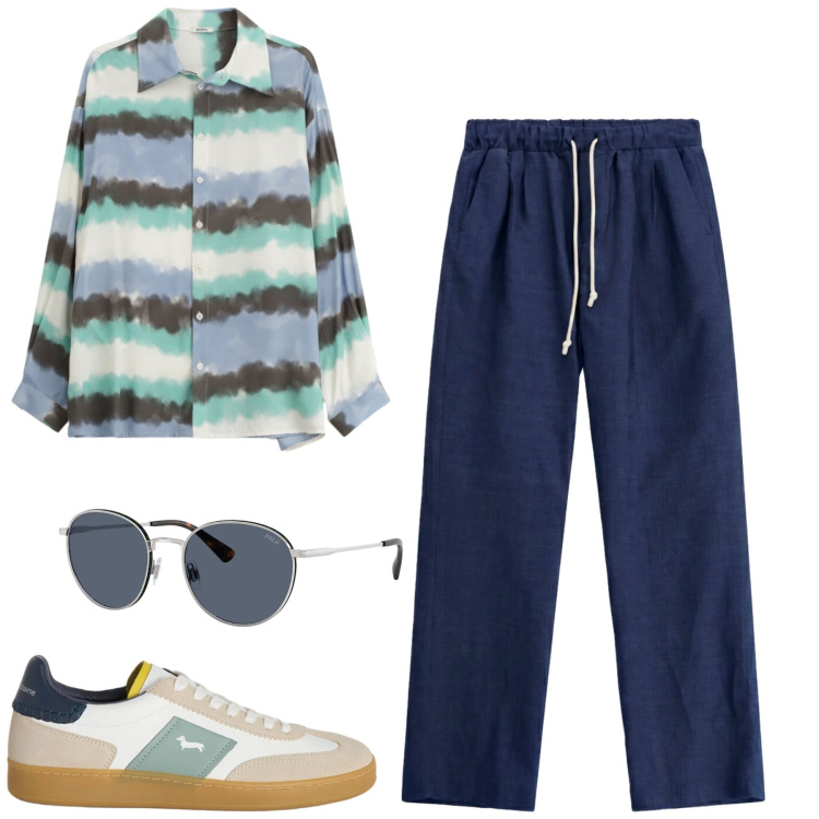 Outfit uomo - Giugno. Stile Casual per Tutti i giorni. Abbinamento con sneakers, occhiali da sole, camicie, pantaloni.
