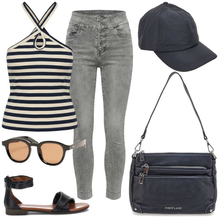 Outfit donna - Total look #2421442. Stile Rock per Tutti i giorni. Abbinamento con canottiere, occhiali da sole, jeans skinny, cappelli con visiera, borse a spalla, sandali in pelle.