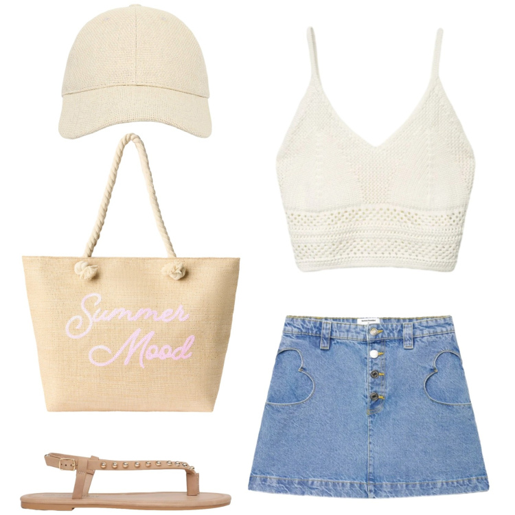 Outfit donna - In Sardegna. Stile Trendy per Mare. Abbinamento con cappelli con visiera, borse tote, ciabatte, top, minigonne.