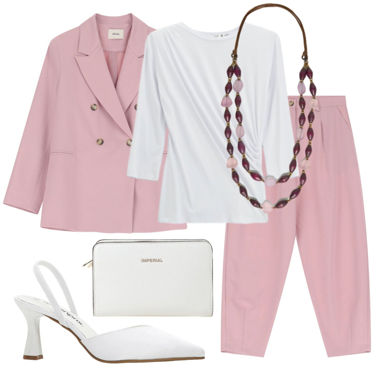 Outfit donna - Total look #2421457. Stile Bon Ton per Cerimonia. Abbinamento con décolleté, borse a tracolla, top, collane, pantaloni, blazer.