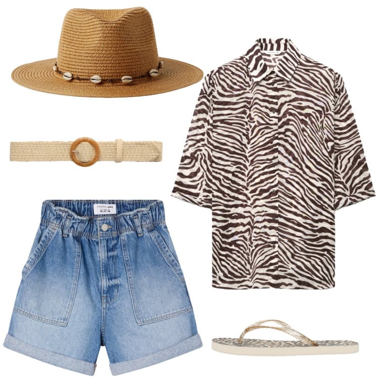 Outfit donna - Safari. Stile Casual per Tutti i giorni. Abbinamento con cappelli, shorts, cinture, infradito, camicie a manica corta.