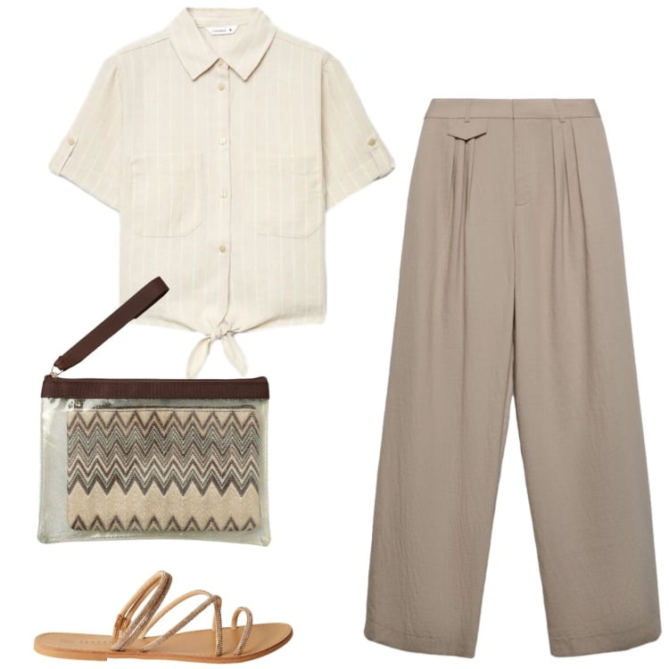 Outfit donna - Fluidità. Stile Mannish per Ufficio. Abbinamento con pantaloni, camicie a manica corta, sandali, pochette.