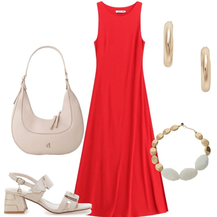 Outfit donna - Maree Emotive. Stile Casual chic per Tutti i giorni. Abbinamento con vestiti lunghi, orecchini, borse a tracolla, collane, sandali col tacco.