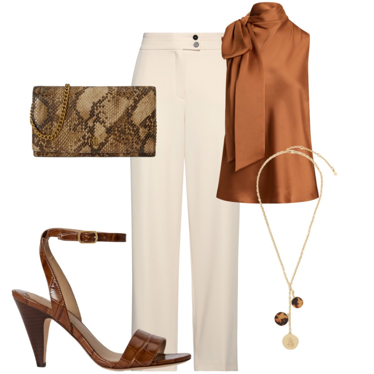 Outfit donna - Luminosa curvy. Stile Chic per Serata fuori. Abbinamento con pantaloni, bluse, borse a tracolla, collane, sandali in pelle.