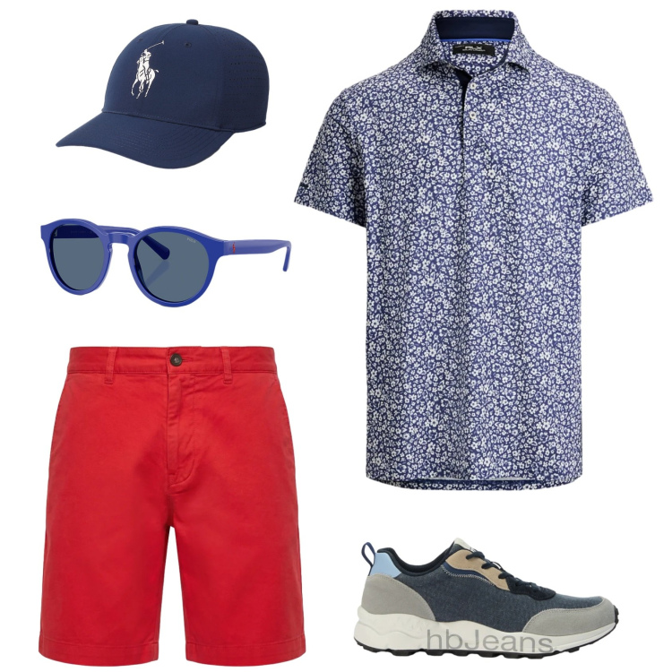 Outfit uomo - La polo a fiori. Stile Trendy per Tutti i giorni. Abbinamento con pantaloni corti, sneakers, polo, cappelli, occhiali da sole.