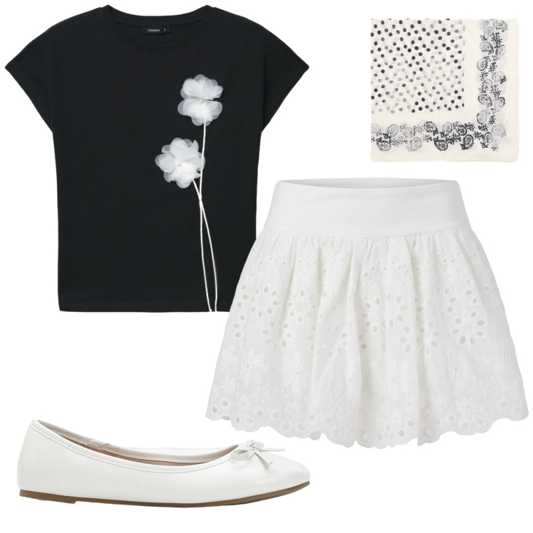 Outfit donna - Total look #2421465. Stile Romantica per Tutti i giorni. Abbinamento con ballerine, t-shirt, minigonne, foulard.