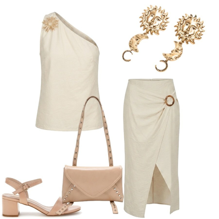 Outfit donna - Summer Confidence. Stile Glamour per Cerimonia. Abbinamento con borse a tracolla, top, gonne longuette, orecchini, sandali col tacco.