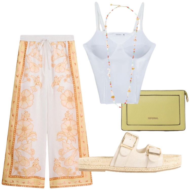 Outfit donna - Look strutturato. Stile Casual per Tutti i giorni. Abbinamento con ciabatte, pantaloni a palazzo, canottiere, borse a tracolla, collane.