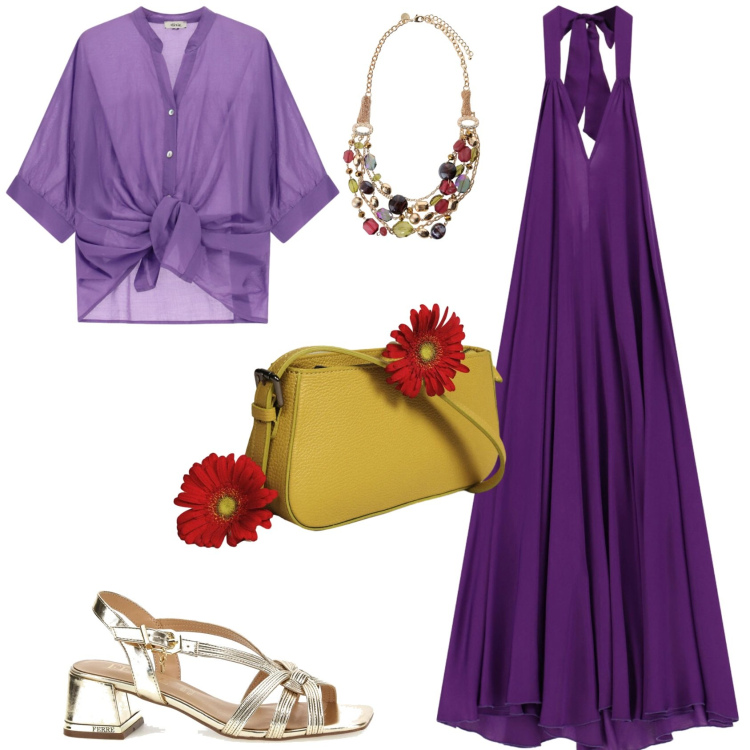 Outfit donna - Chic serata estiva. Stile Chic per Serata fuori. Abbinamento con borse a spalla, collane, vestiti lunghi, camicie, sandali in pelle.