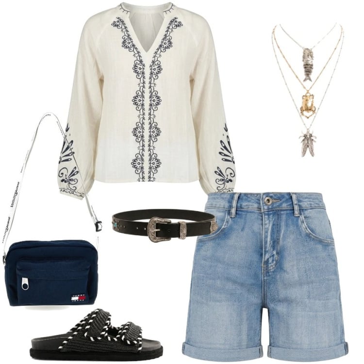 Outfit donna - Summer Confidence. Stile Casual chic per Tutti i giorni. Abbinamento con bluse, ciondoli, shorts, cinture, sandali, borse a tracolla.