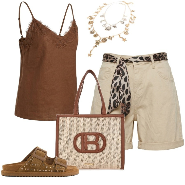Outfit donna - Summer Confidence. Stile Casual chic per Tutti i giorni. Abbinamento con shorts, ciondoli, top, borse a spalla, sandali in pelle.