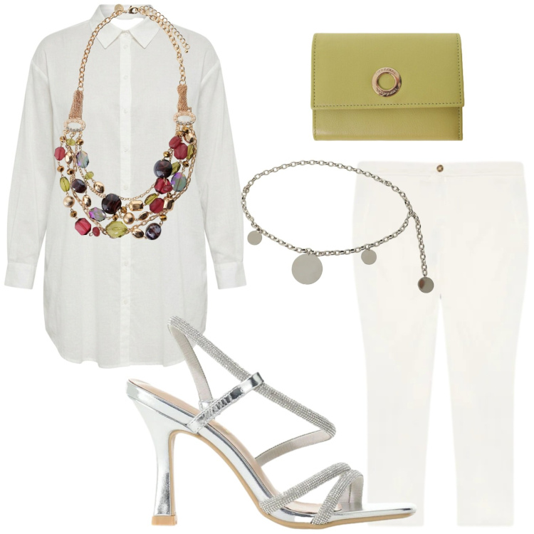 Outfit donna - Accessori scintillanti. Stile Glamour per Serata fuori. Abbinamento con portafogli, sandali col tacco, camicie, pantaloni, cinture, collane.