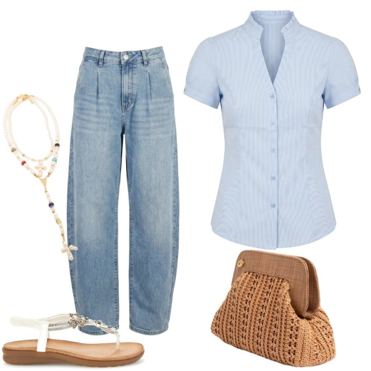 Outfit donna - Summer Confidence. Stile Casual chic per Ufficio. Abbinamento con collane, camicie a manica corta, jeans, clutch, ciabatte.