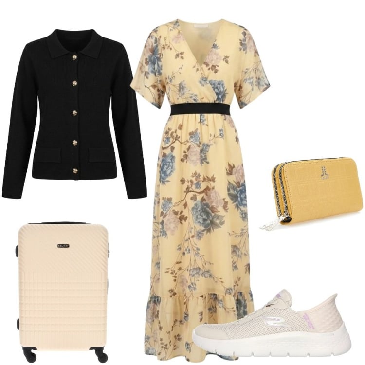 Outfit donna - Summer Confidence. Stile Chic per Tutti i giorni. Abbinamento con vestiti lunghi, cardigans, portafogli, scarpe sportive, valigie.
