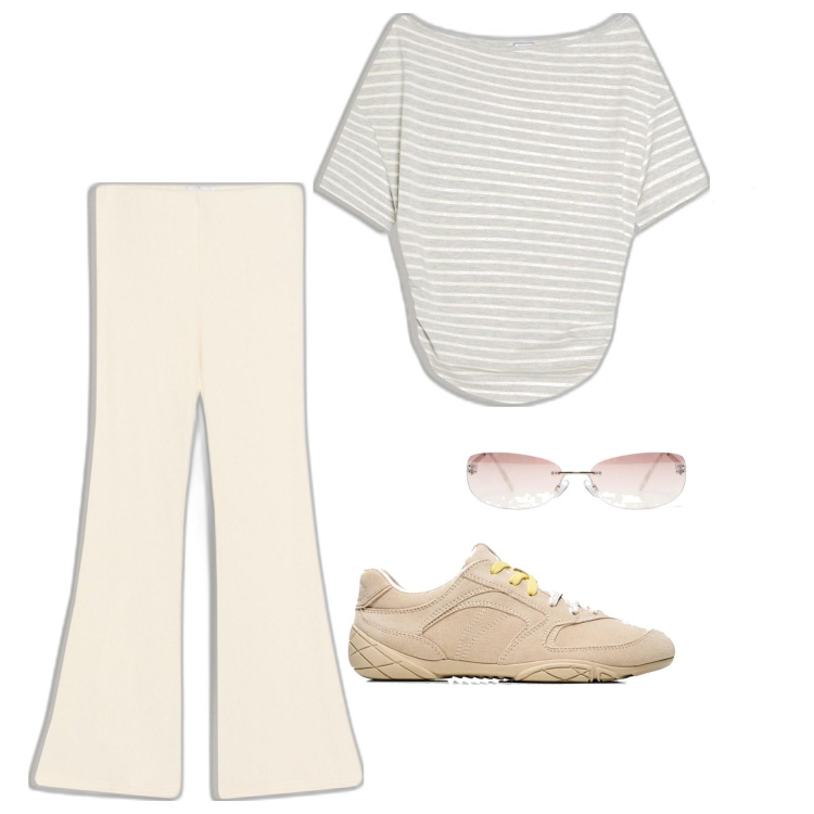 Outfit mujer - Basic look. Estilo Basic para Todos los días. Combinación con camiseta, gafas de sol, sneakers, pantalones.